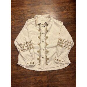 Oli & Hali Cream Cotton Aztec Embroidered Shacket Pockets Raw Edges Medium